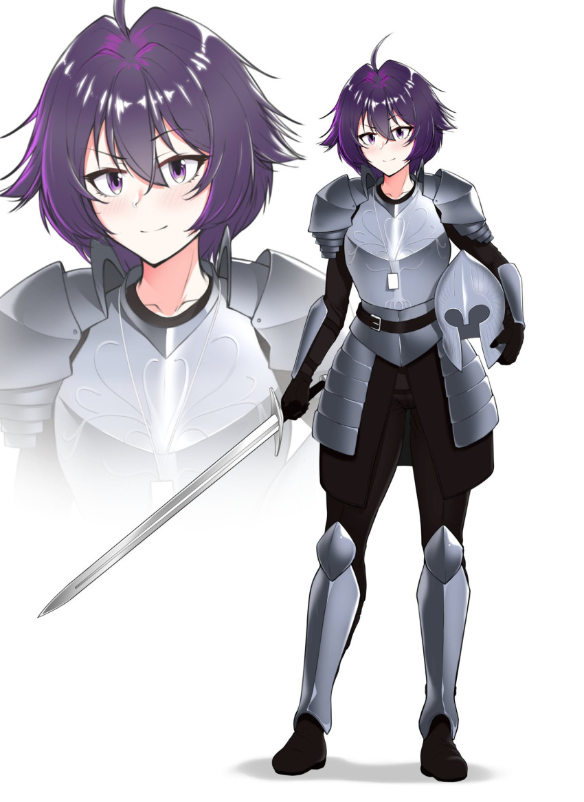 1girl, ahoge, anna_ayasaki, armor, borrowed_character, choppy_bangs, closed_mouth, commentary