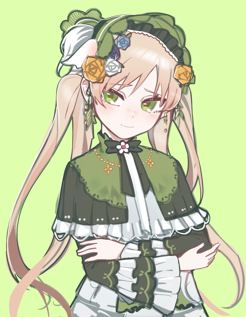 1girl, absurdres, bai_weizi_lingzi, blonde_hair, bonnet, capelet, closed_mouth, commentary_request
