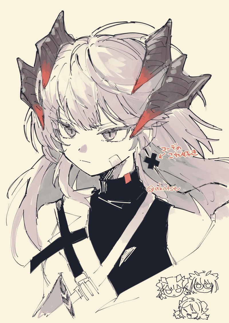3girls, :|, arknights, bandage_on_face, bandages, chibi, chibi_inset, closed_eyes, closed_mouth, commentary_request, cropped_torso, dot_nose, dragon_girl, dragon_horns, expressionless, glasses, grey_hair, grey_horns, horns, ifrit_(arknights), laughing, limited_palette, long_hair, messy_hair, multiple_girls, multiple_horns, orange_horns, saria_(arknights), seri_(akntse), silence_(arknights), simple_background, slit_pupils, solo_focus, translation_request, turtleneck, twitter_username, upper_body, yellow_background