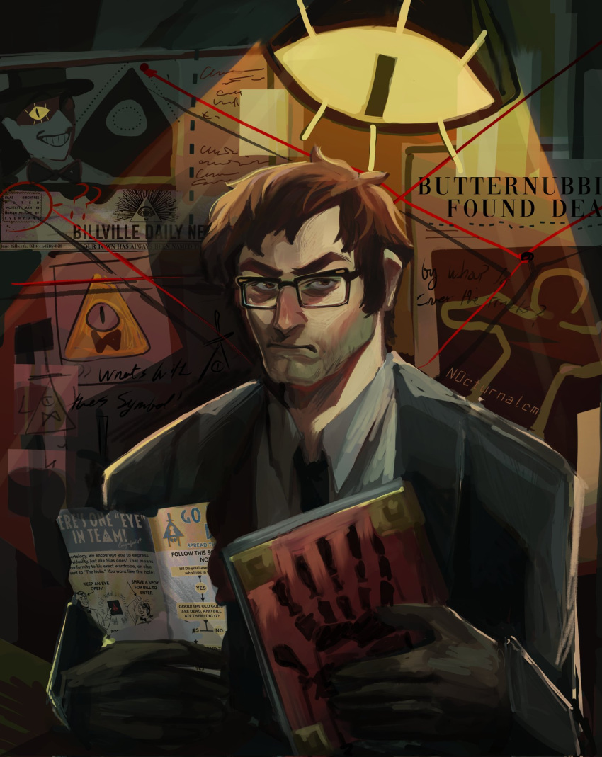 1boy, bags_under_eyes, bill_cipher, black_coat, black_necktie, book, brown_hair, bulletin_board, character_print, cleft_chin, coat, collared_shirt, extra_digits, eye_print, ford_pines, furrowed_brow, gravity_falls, highres, holding, holding_book, holding_paper, looking_at_viewer, n0cturnalcm, narrowed_eyes, necktie, paper, shirt, short_hair, sideburns, solo, spotlight, string, upper_body, white_shirt