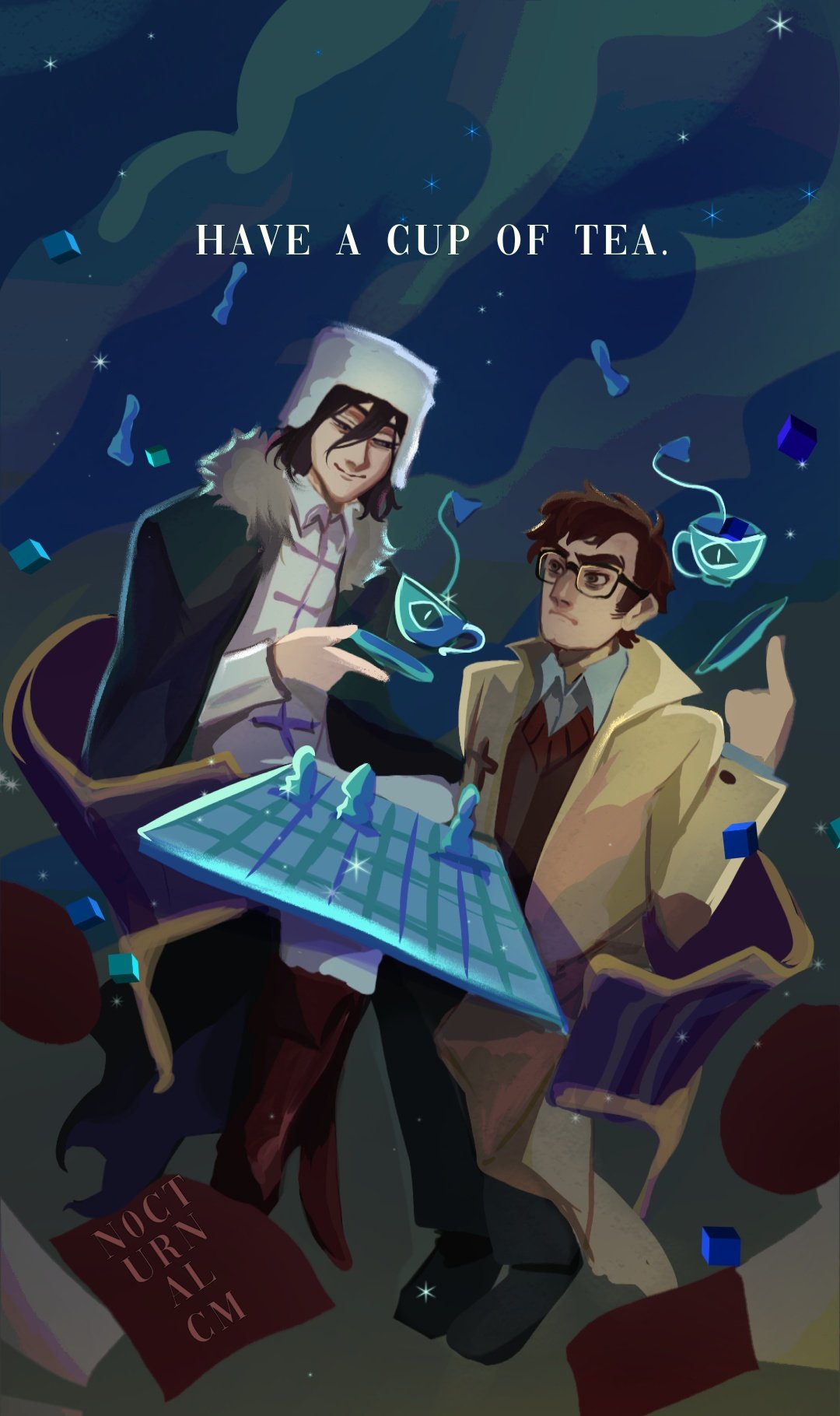 2boys, bungou_stray_dogs, chair, character_request, chessboard, coat, collared_shirt, cup, english_text, eye_print, floating, ford_pines, full_body, fur_collar, gravity_falls, green_jacket, hat, highres, holding, holding_cup, jacket, multiple_boys, n0cturnalcm, night, red_vest, shirt, sitting, sky, star_(sky), starry_sky, teabag, teacup, trait_connection, vest, white_shirt, yellow_coat