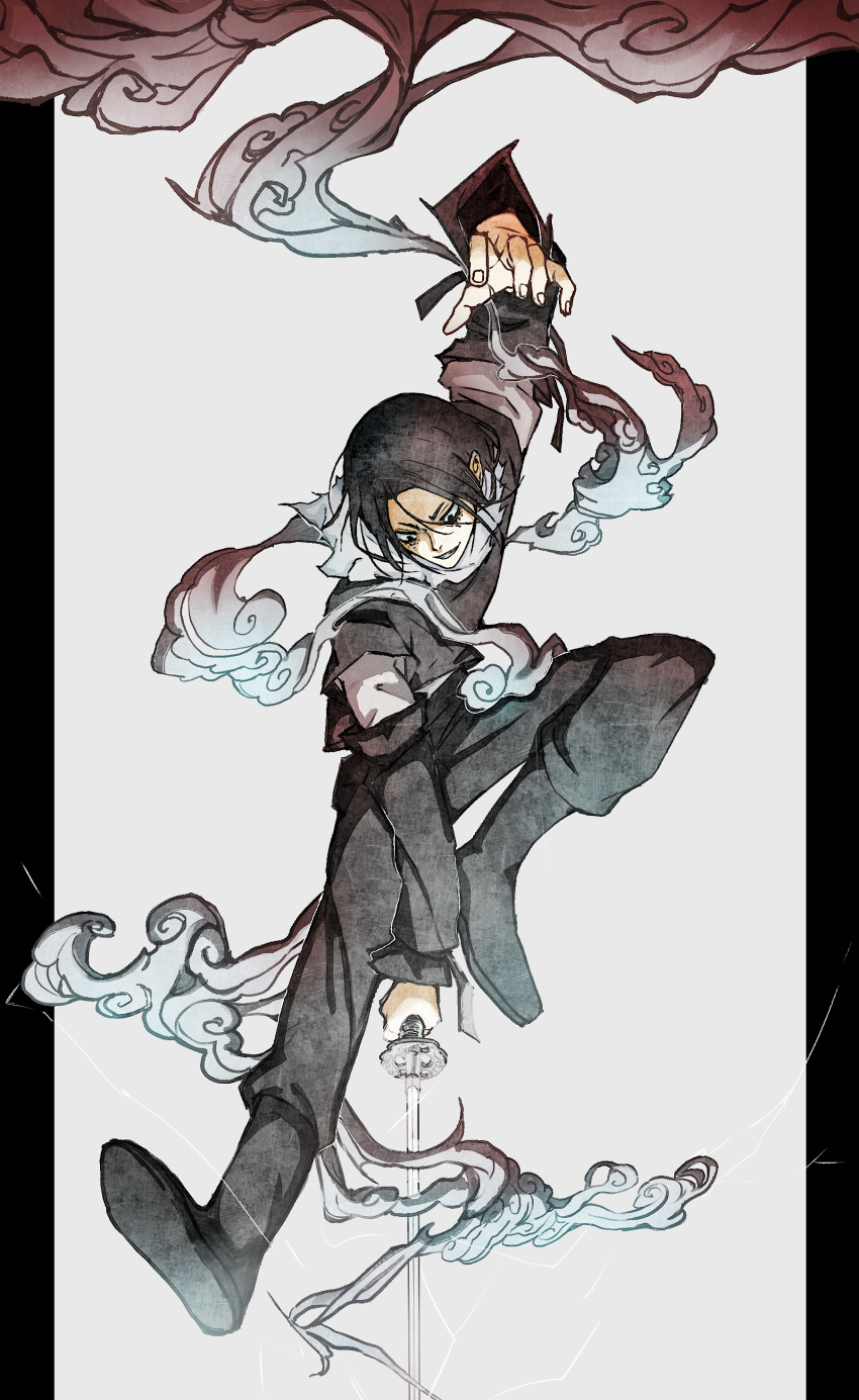 1boy, absurdres, black_hair, cloud_gouger_(sword), clouds, commentary_request, full_body, highres, holding, holding_sword, holding_weapon, jacket, kagurabachi, katana, magari33333, male_focus, pants, solo, soujou_genichi, sword, weapon