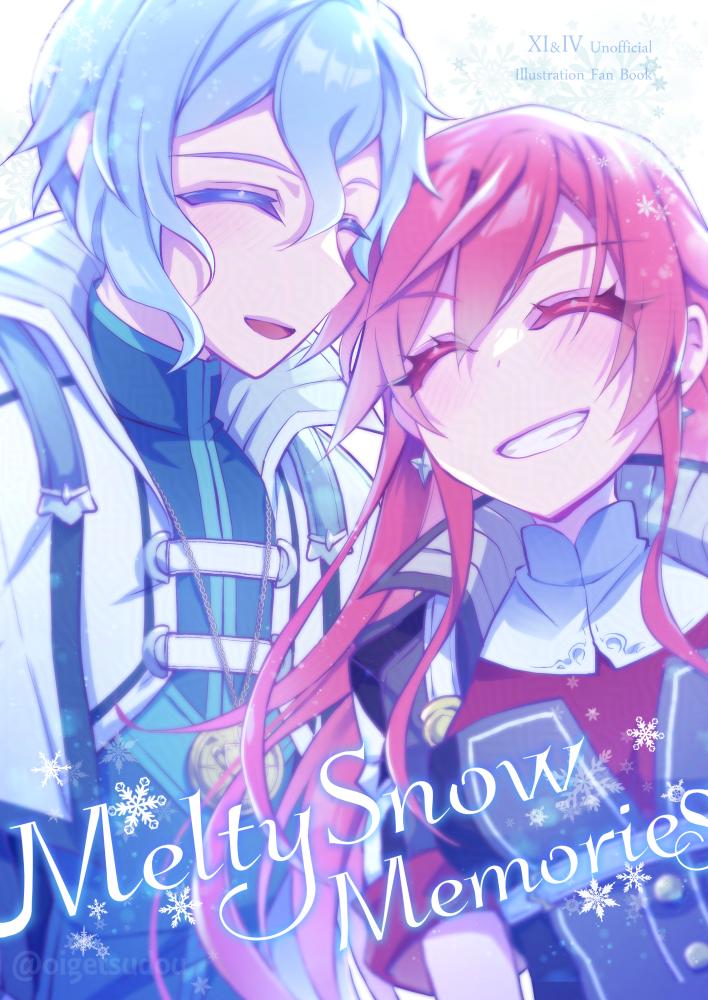1boy, 1girl, blue_hair, blush, celis_ortesia, closed_eyes, coat, commentary_request