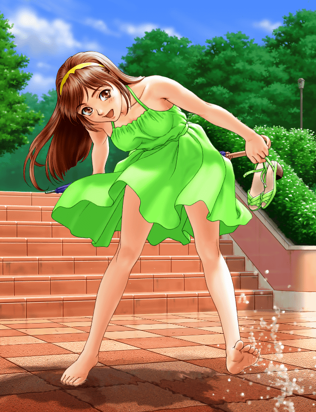 1990s_(style), 1girl, :d, arms_at_sides, bare_arms, bare_legs, bare_shoulders, barefoot