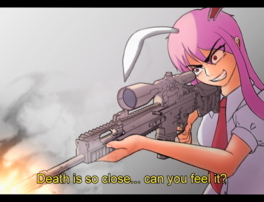 1girl, absurdres, animal_ears, commentary, crazy_eyes, crazy_smile, evil_smile, firing
