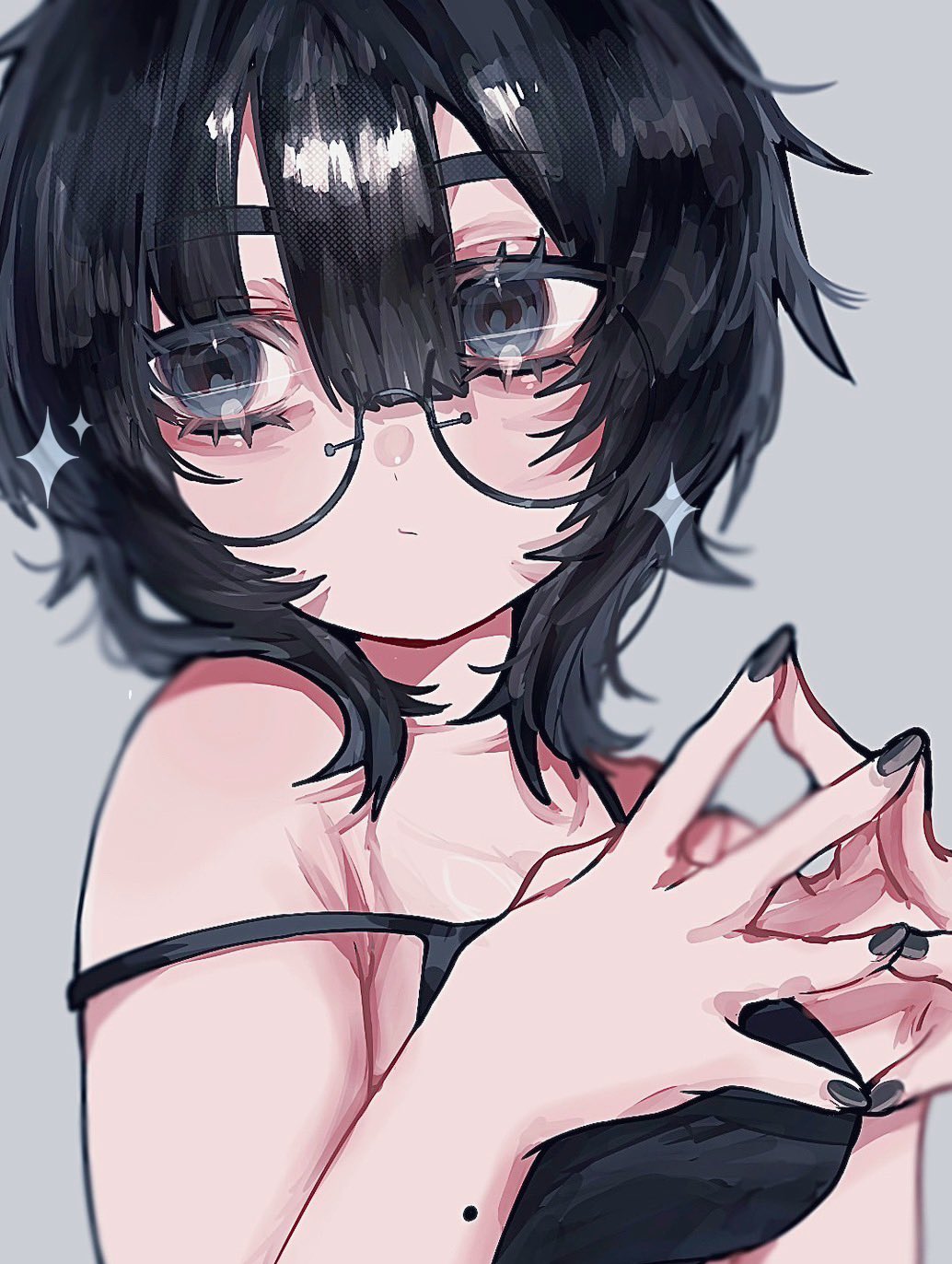 1girl, bare_shoulders, black_camisole, black_eyes, black_hair, black_nails, breasts, camisole, commentary, eyelashes, glasses, grey_background, hair_between_eyes, hashtag-only_commentary, highres, medium_breasts, medium_hair, messy_hair, mole, mole_on_arm, nail_polish, original, oubaisameko_181, sideways_glance, solo, steepled_fingers, strap_slip, thick_eyebrows, wolf_cut
