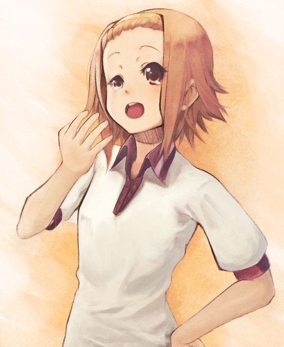 bad_id, brown_eyes, brown_hair, hairband, hand_on_hip, k-on!, open_mouth, shirt, short_hair, solo, tainaba, tainaka_ritsu