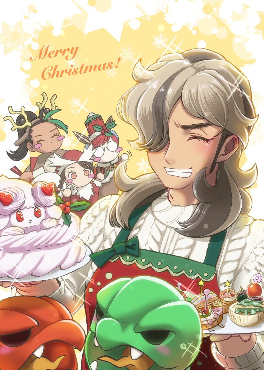 1boy, 3girls, aadakouda, absurdres, alcremie, alcremie_(strawberry_sweet), animal_ears, apron