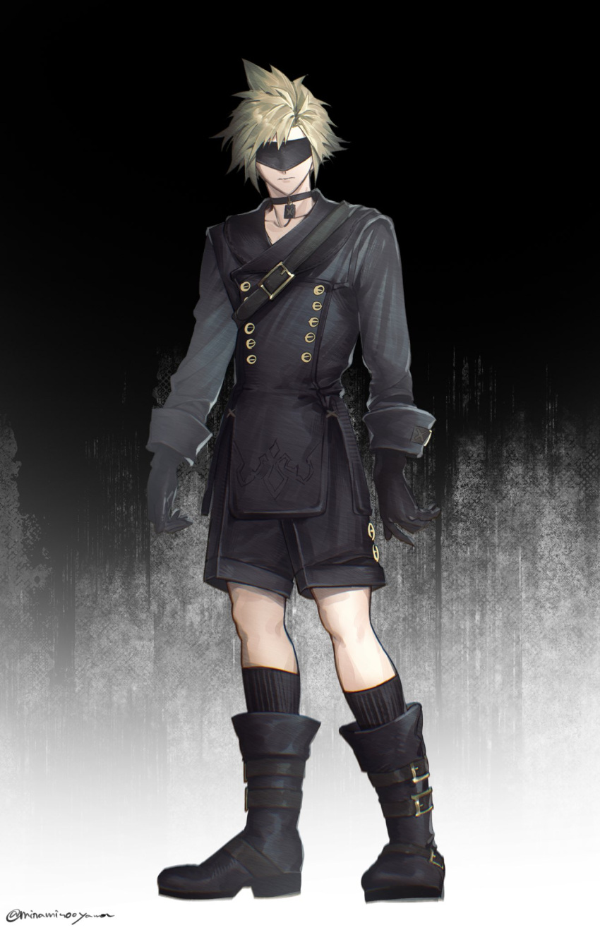 9s_(nier:automata), 9s_(nier:automata)_(cosplay), black_boots, black_choker, black_gloves, black_jacket, black_shorts, blindfold