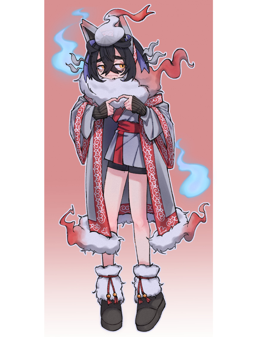 1boy, animal_ears, black_hair, border, closed_mouth, colored_inner_hair, commentary, cosplay