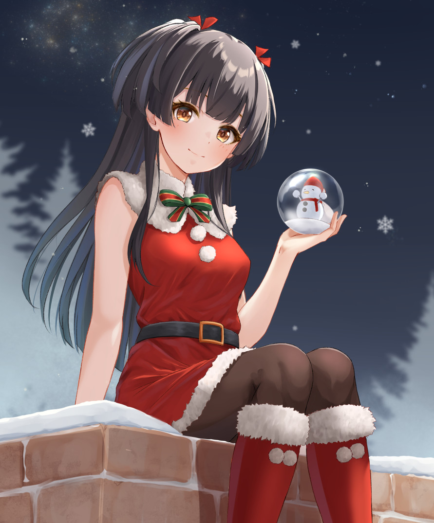 1girl, arm_at_side, black_hair, black_pantyhose, black_sky, boots, bow, bowtie