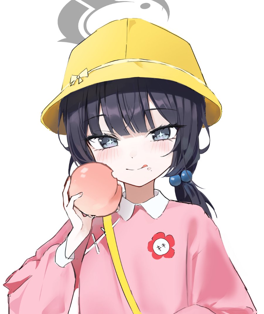 ++, 1girl, :q, black_hair, blue_archive, blue_eyes, blush, dot_nose, eating, flat_chest, food, food_on_face, fruit, hat, hat_bow, holding_food, holding_fruit, holding_peach, kindergarten_hat, kindergarten_uniform, kisaki_(blue_archive), kisaki_(kindergarten_uniform)_(blue_archive), loli, long_hair, long_sleeves, looking_at_viewer, nail_polish, non-web_source, peach, pink_nails, shoulder_bag, simple_background, tongue, tongue_out, twintails, white_background, yellow_bag, yellow_hat