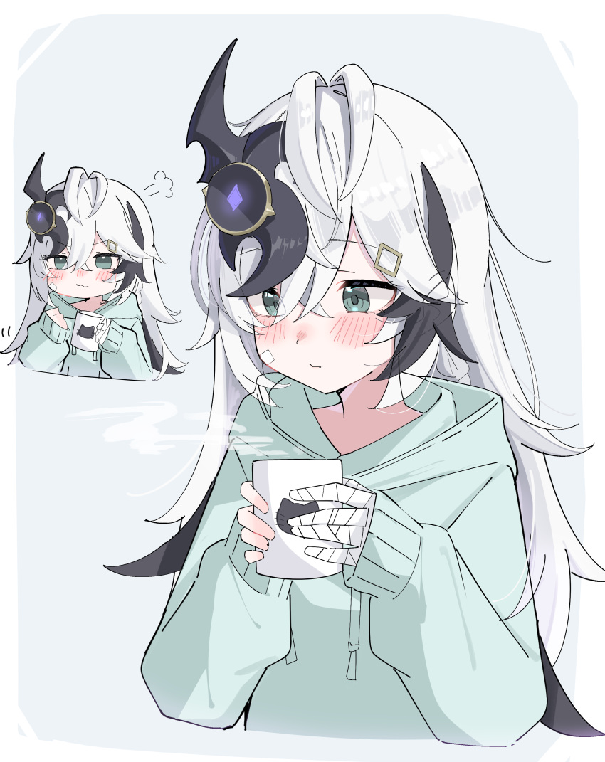 1girl, absurdres, bandage_on_face, bandaged_arm, bandages, black_hair, blush, closed_mouth, commentary, cosette_(stella_sora), cup, green_eyes, green_hoodie, grey_background, hair_between_eyes, hair_ornament, highres, holding, holding_cup, hood, hoodie, long_hair, long_sleeves, mug, multicolored_hair, multiple_views, official_alternate_costume, ponzu_purin, puff_of_air, smile, steaming_cup, stella_sora, streaked_hair, upper_body, white_hair