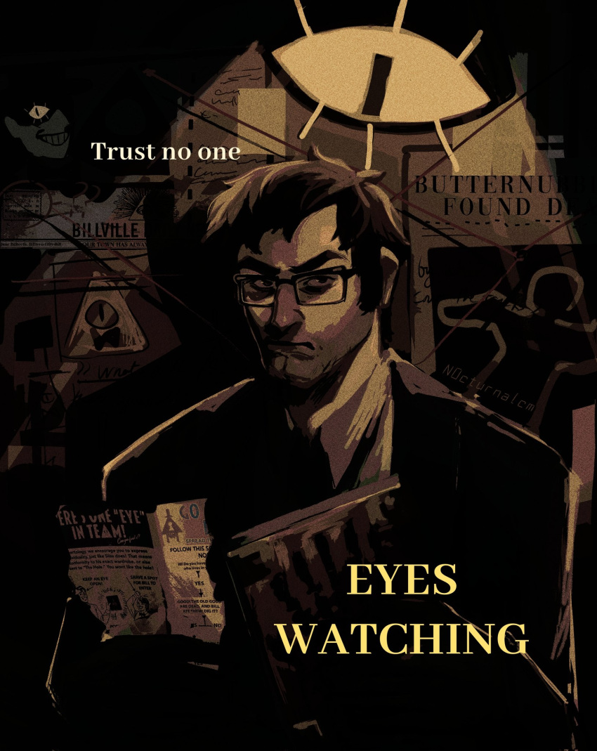1boy, bags_under_eyes, bill_cipher, black_coat, black_necktie, book, brown_hair, bulletin_board