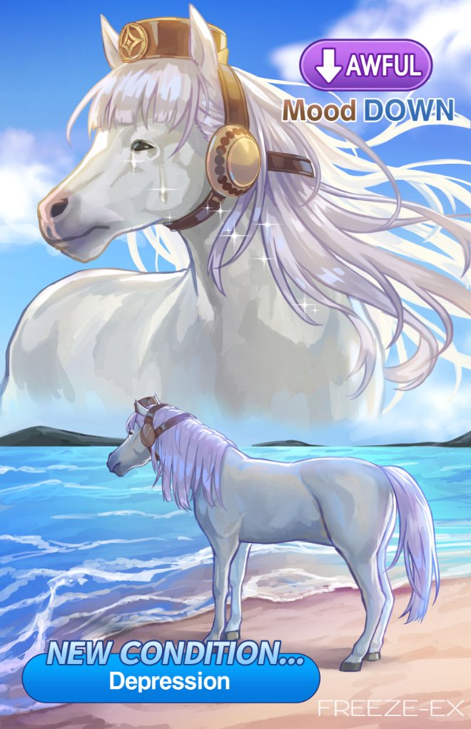 animal_ears, beach, blue_sky, blunt_bangs, borrowed_hairstyle, bridle, crying, freeze-ex