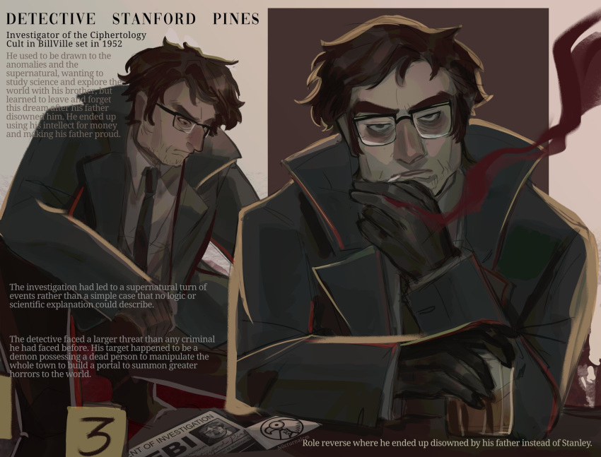 1boy, bags_under_eyes, black_coat, black_gloves, black_necktie, brown_hair, cigarette, coat