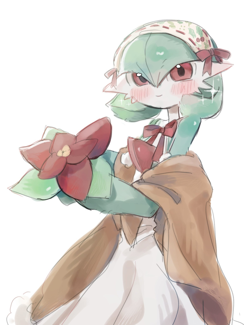 bob_cut, bow, brown_shawl, colored_skin, commentary, dress, flower, gardevoir
