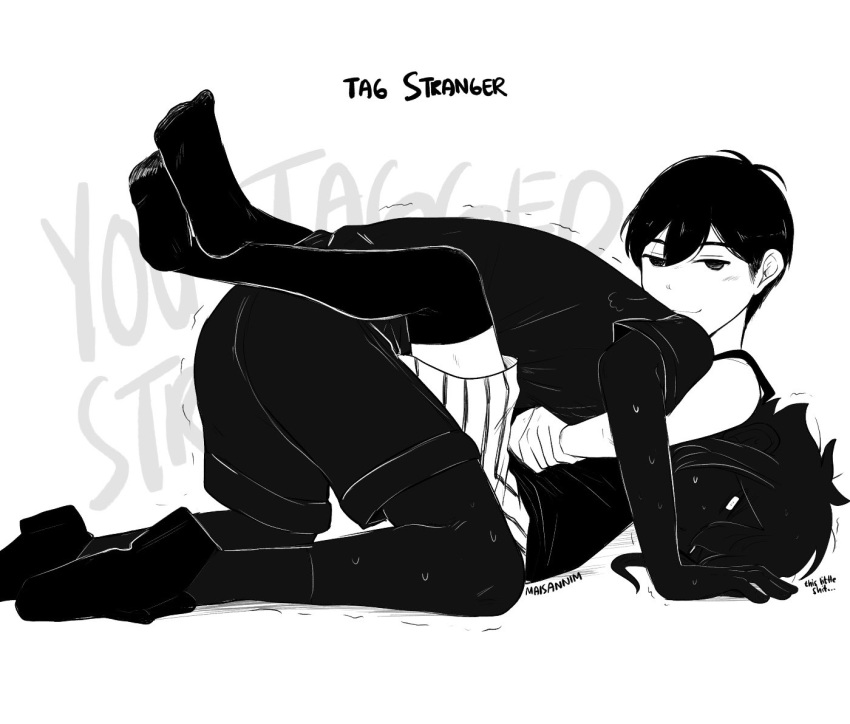 2boys, antenna_hair, artist_name, black_shoes, black_shorts, black_skin, black_socks, black_sweater_vest, black_tank_top, black_thighhighs, closed_mouth, colored_skin, commentary, double-parted_bangs, english_commentary, english_text, hair_between_eyes, looking_at_viewer, lying, maisani, male_focus, multiple_boys, omori, omori_(omori), on_back, profanity, shoes, short_hair, short_sleeves, shorts, sidelocks, smile, socks, stranger_(omori), striped_clothes, striped_shorts, sweat, sweater_vest, tank_top, thigh-highs, vertical-striped_clothes, vertical-striped_shorts, white_eyes, white_shorts, white_skin