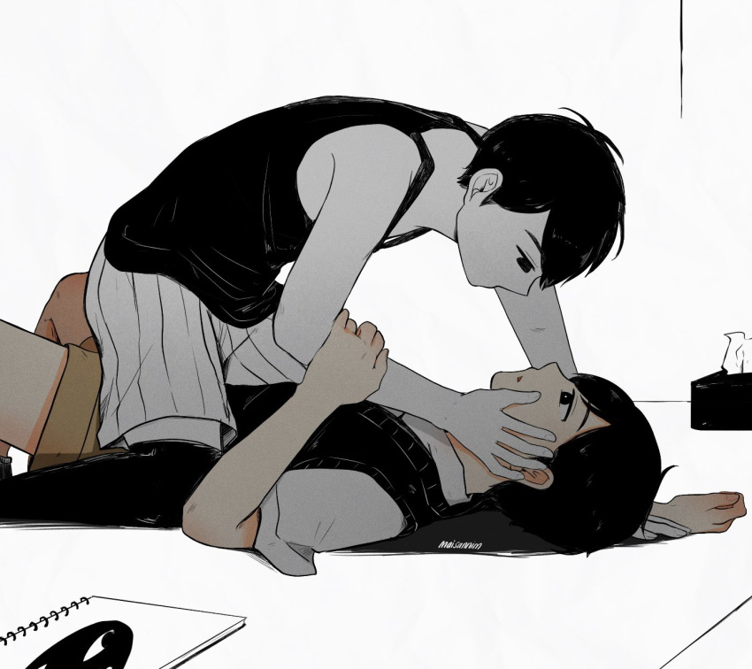 2boys, antenna_hair, arm_up, artist_name, black_eyes, black_hair, black_socks, black_sweater_vest