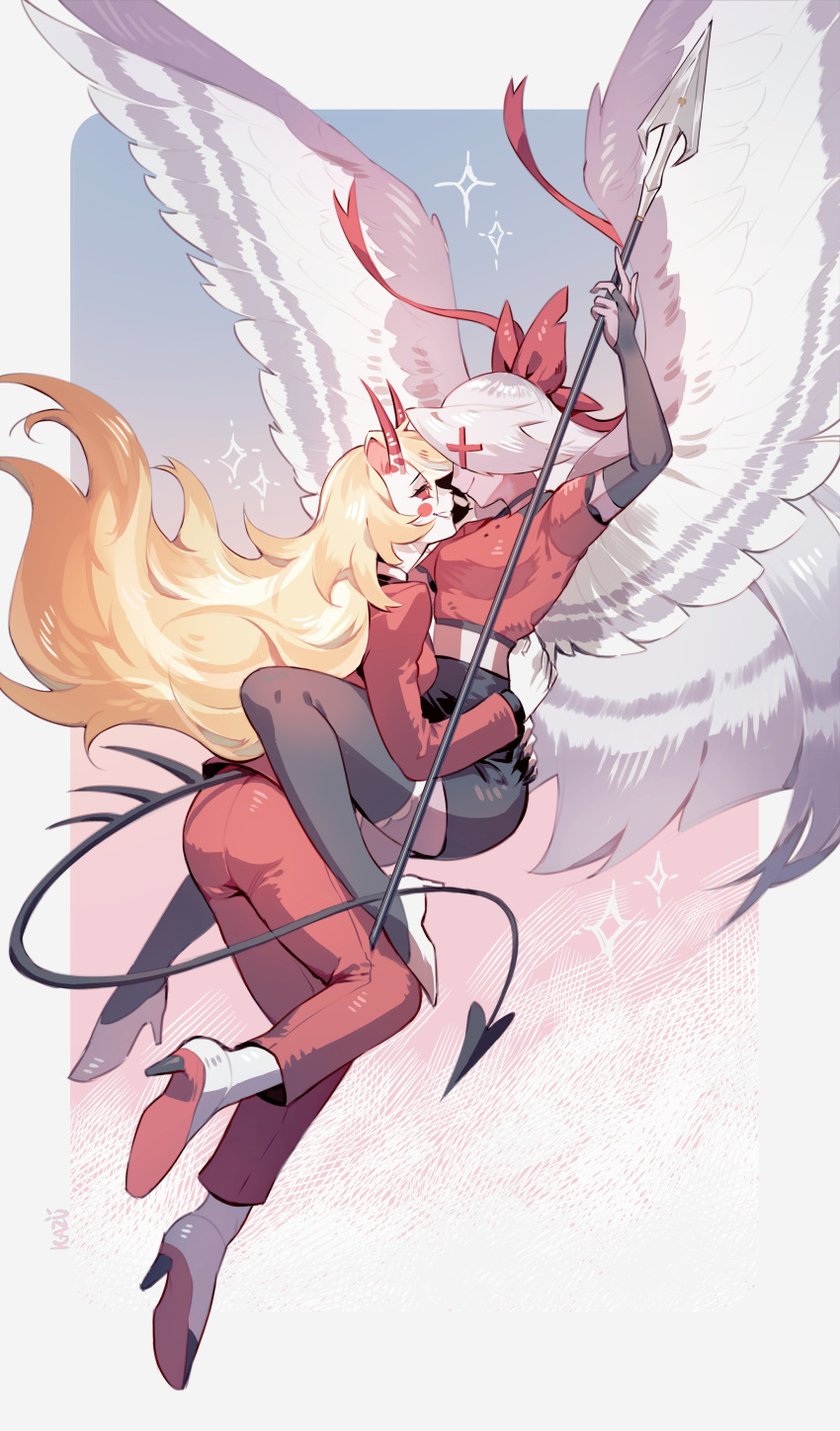 absurdres, angel, angel_and_devil, angel_wings, black_nails, bow, bridal_gauntlets, charlie_morningstar, circle_facial_mark, colored_sclera, colored_skin, couple, demon_girl, demon_horns, demon_tail, fingernails, grey_hair, grey_wings, hair_bow, hair_down, hair_over_one_eye, hazbin_hotel, hellaverse, high_heels, highres, holding, holding_polearm, holding_weapon, horns, hug, kazuya_(kozun), long_fingernails, long_hair, looking_at_another, miniskirt, polearm, red_sclera, red_suit, sharp_fingernails, skirt, smile, spear, suit, tail, thigh-highs, vaggie, very_long_hair, weapon, white_skin, wings, yuri