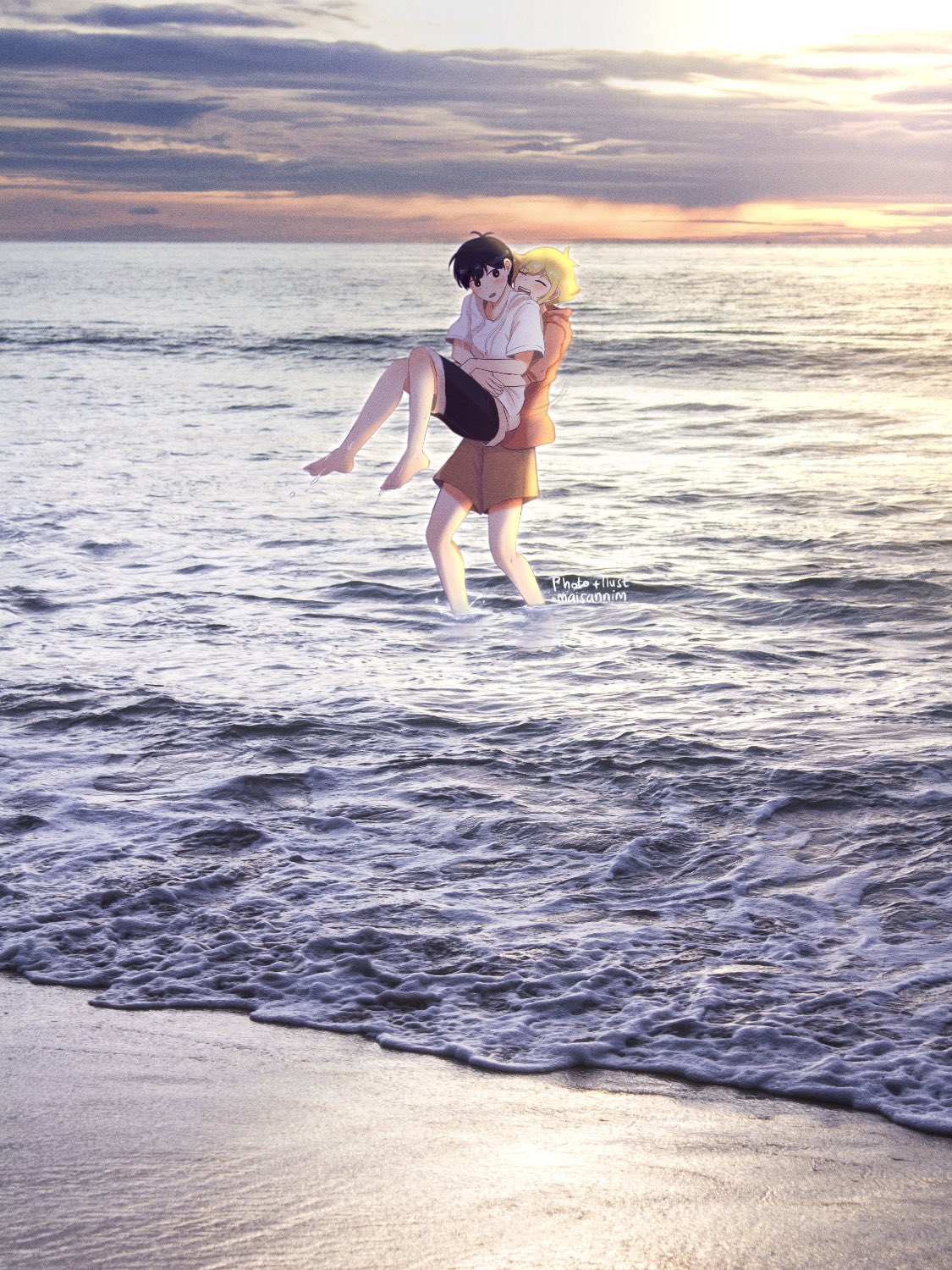 2boys, antenna_hair, artist_name, barefoot, basil_(faraway)_(omori), basil_(omori), beach, black_eyes