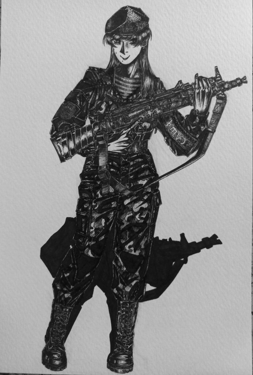 1girl, beret, bordfunker133, camouflage, camouflage_jacket, camouflage_pants, character_name, cyrillic