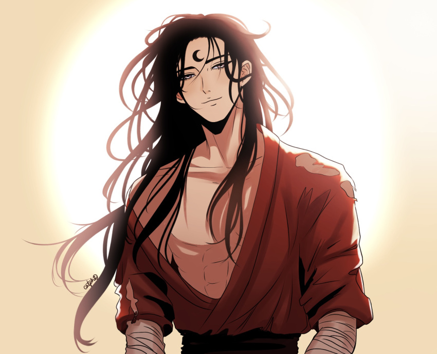 1boy, abs, backlighting, bandaged_arm, bandages, black_hair, catphine, commentary