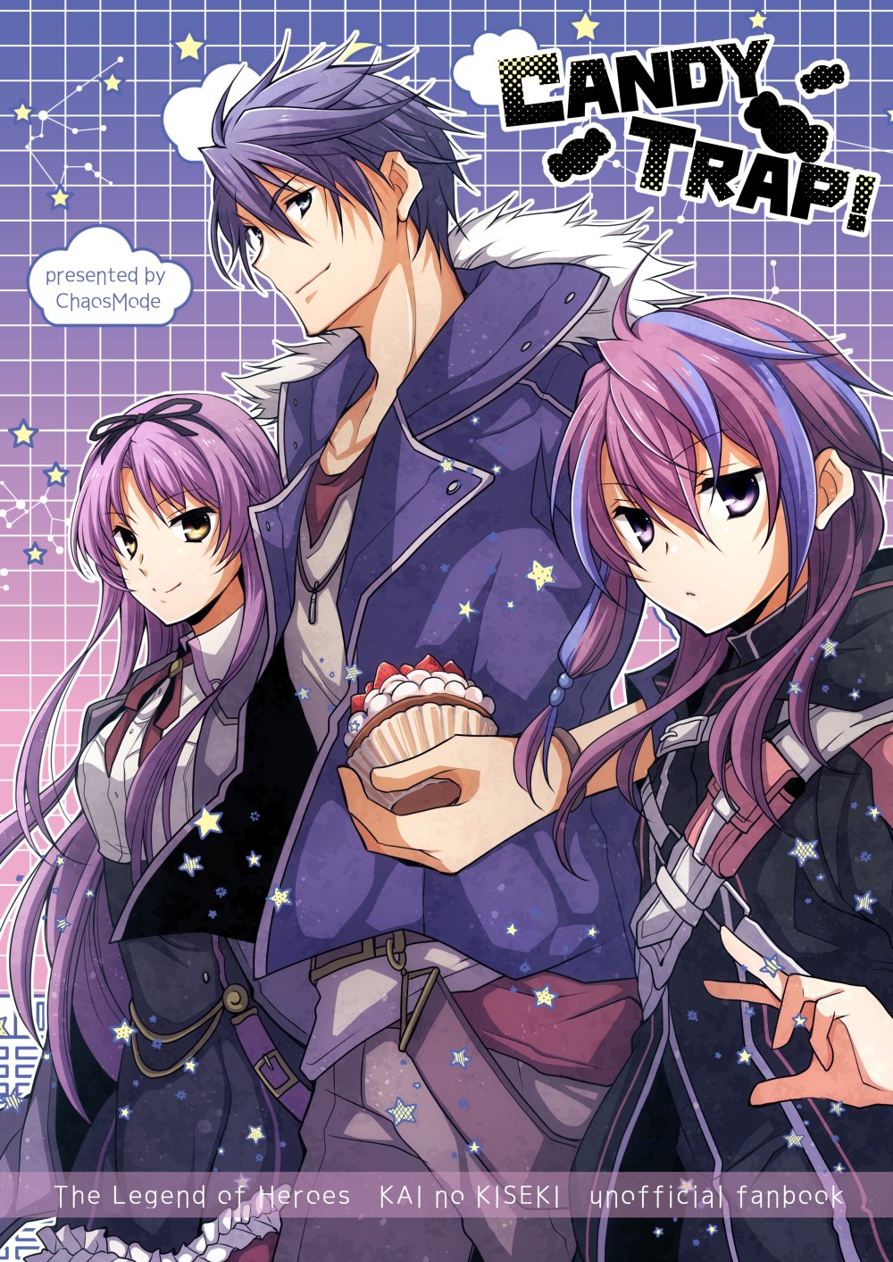 1boy, 2girls, artist_name, black_hoodie, blue_coat, blue_hair, coat, commentary_request, curtained_hair, dog_tags, eiyuu_densetsu, hair_ribbon, highres, hood, hoodie, jorda_eldarion, kai_no_kiseki, kuro_no_kiseki_(series), looking_at_viewer, mullet, multicolored_hair, multiple_girls, parted_bangs, purple_hair, renne_(eiyuu_densetsu), ribbon, satsuki_(chaosmode), simple_background, two-tone_hair, van_arkride, yellow_eyes