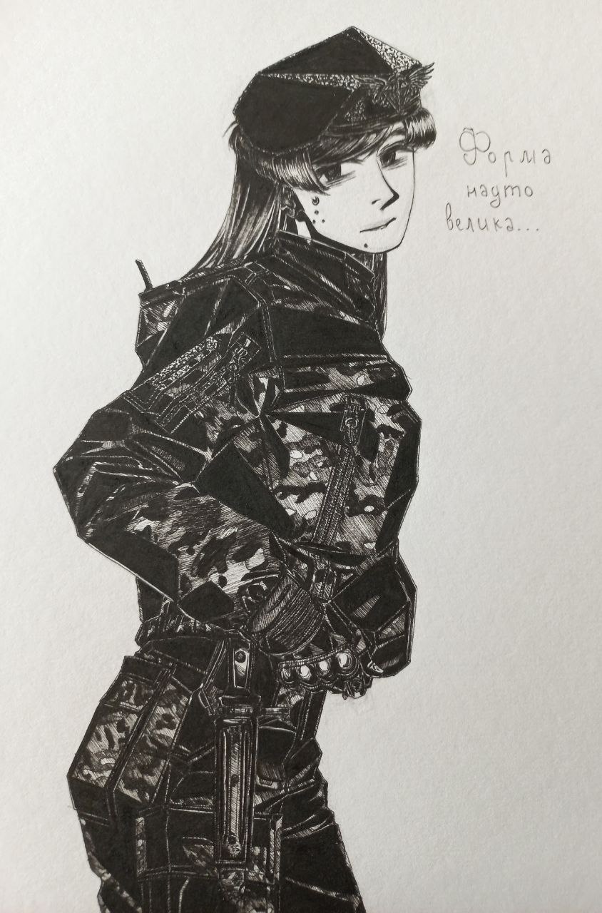 1girl, beret, bordfunker133, camouflage, camouflage_jacket, combat_knife, digital_camouflage, from_side