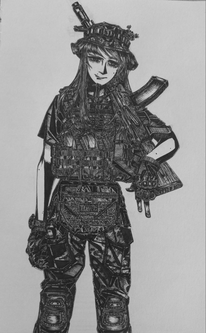 1girl, black_gloves, body_armor, bonnet, bordfunker133, bulletproof_vest, camouflage, carrying_over_shoulder