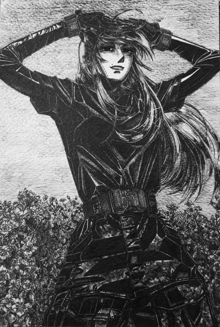 1girl, arms_up, belt, black_jacket, bordfunker133, camouflage, camouflage_pants, digital_camouflage, greyscale, grin, hands_in_own_hair, highres, jacket, long_hair, looking_at_viewer, monochrome, original, pants, photo_(medium), russo-ukrainian_war, smile, soldier, solo, waist_belt, war_in_donbass, zhenya_(bordfunker133)