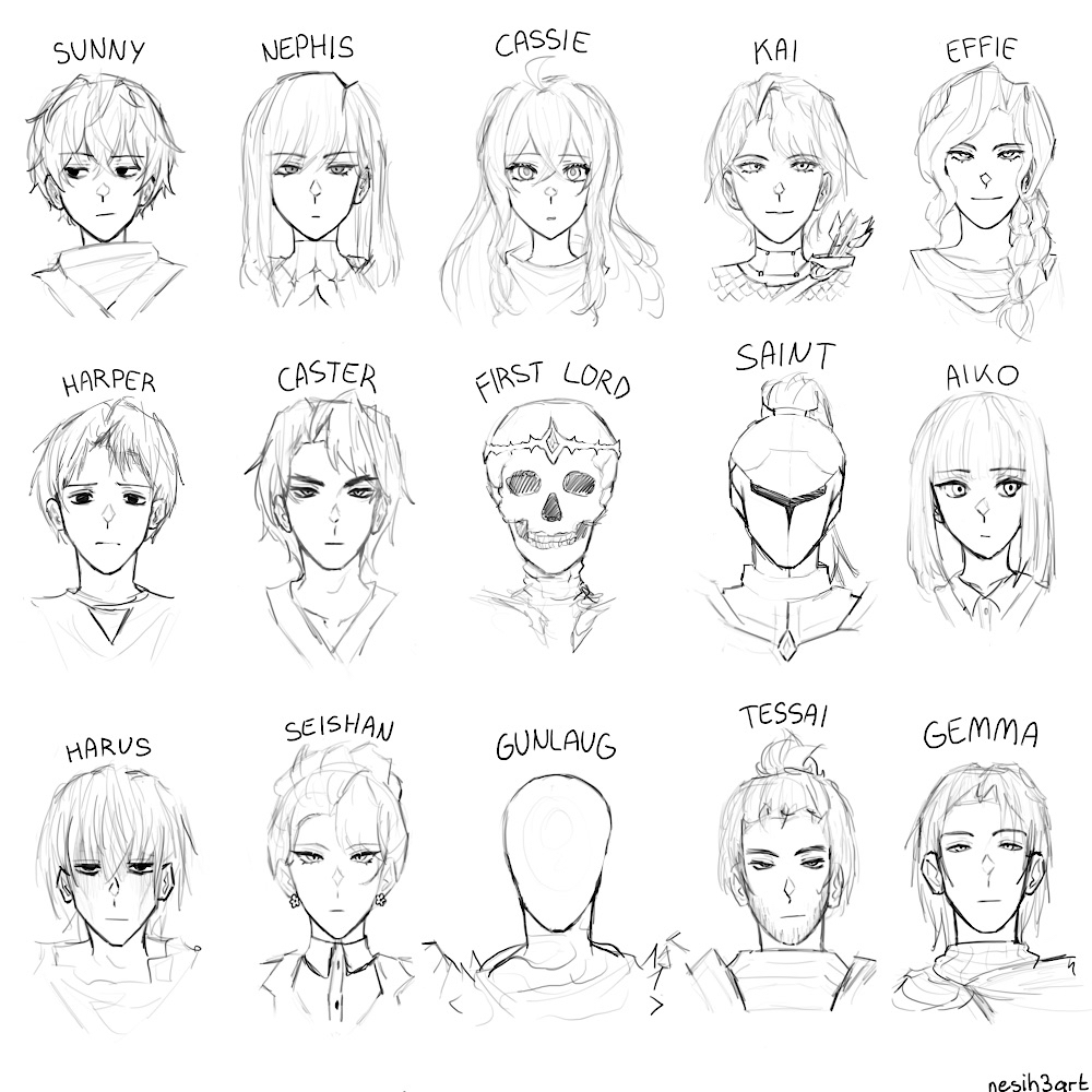 6+boys, 6+girls, aiko_(shadow_slave), armor, bob_cut, cassie_(shadow_slave), caster_(shadow_slave), crossed_bangs, crown, effie_(shadow_slave), everyone, faceless, first_lord(shadow_slave), gemma_(shadow_slave), gunlaug, hair_between_eyes, hair_bun, harper_(shadow_slave), harus_(shadow_slave), helmet, high_ponytail, kai_(shadow_slave), long_hair, multiple_boys, multiple_girls, nephis_(shadow_slave), nesih3art, ponytail, portrait, quiver, seishan, shadow_slave, short_hair, skull, sunny_(shadow_slave), tessai_(shadow_slave), tunic
