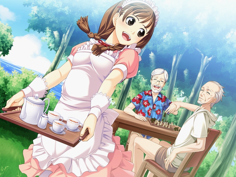 brown_hair, chess, chessboard, cup, daisounan, game_cg, hawaiian_shirt, karukaru