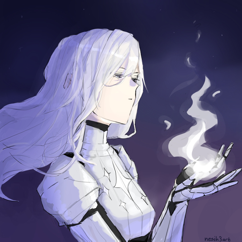 1girl, absurdres, armor, burning, fire, from_side, glowing, grey_eyes, hands_up, highres, long_hair, nephis_(shadow_slave), nesih3art, shadow_slave, shoulder_armor, solo, upper_body, white_hair