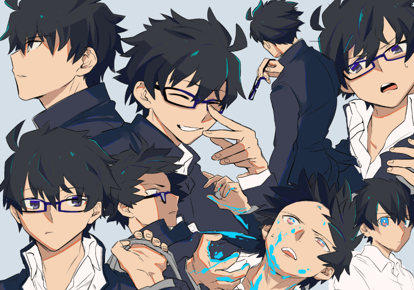 1boy, adjusting_eyewear, ahoge, blue_background, closed_eyes, commentary_request, floating_clothes, floating_hair