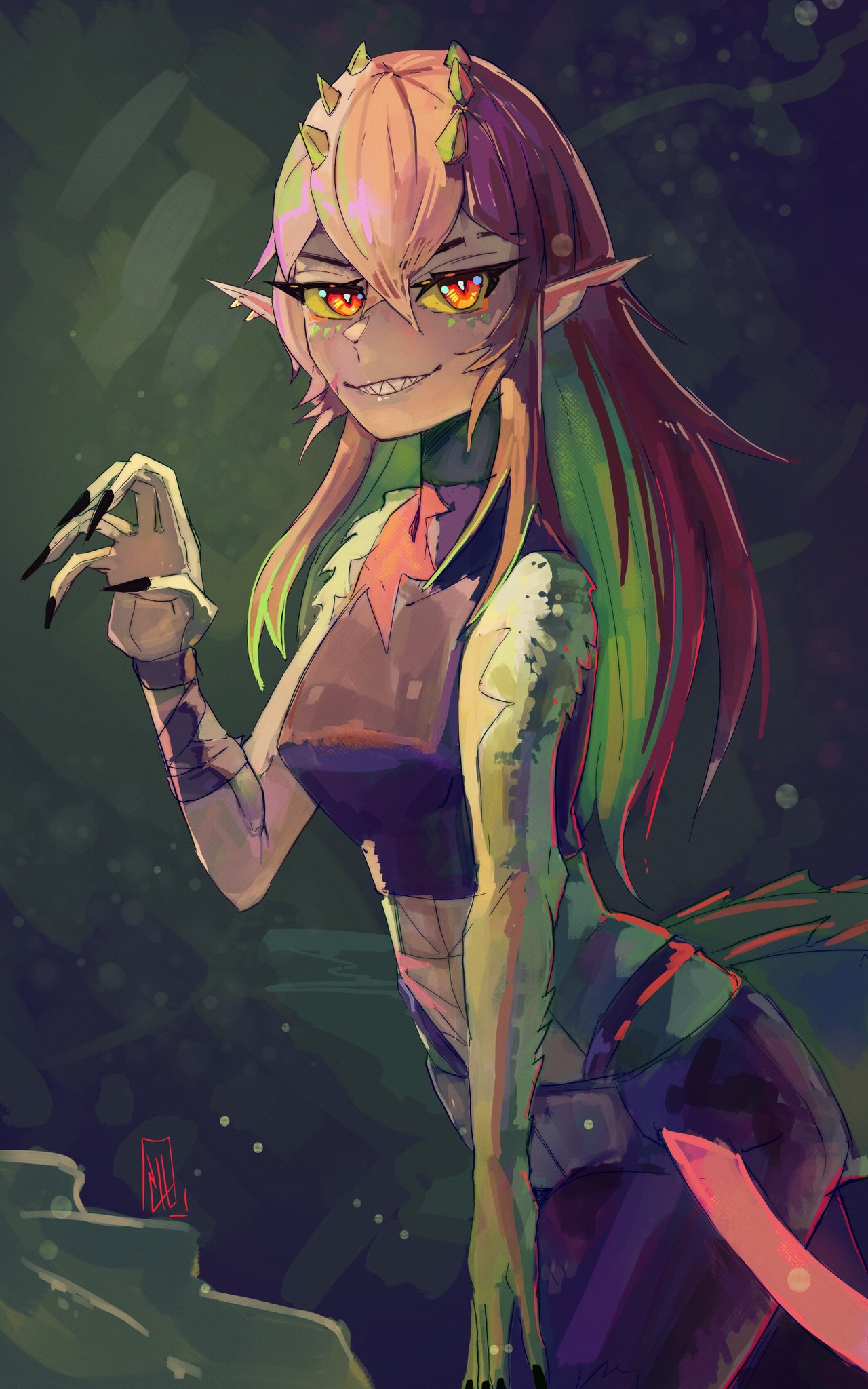 1girl, black_pants, black_shirt, boutsoftheblind, brown_hair, claw_pose, colored_inner_hair, colored_sclera