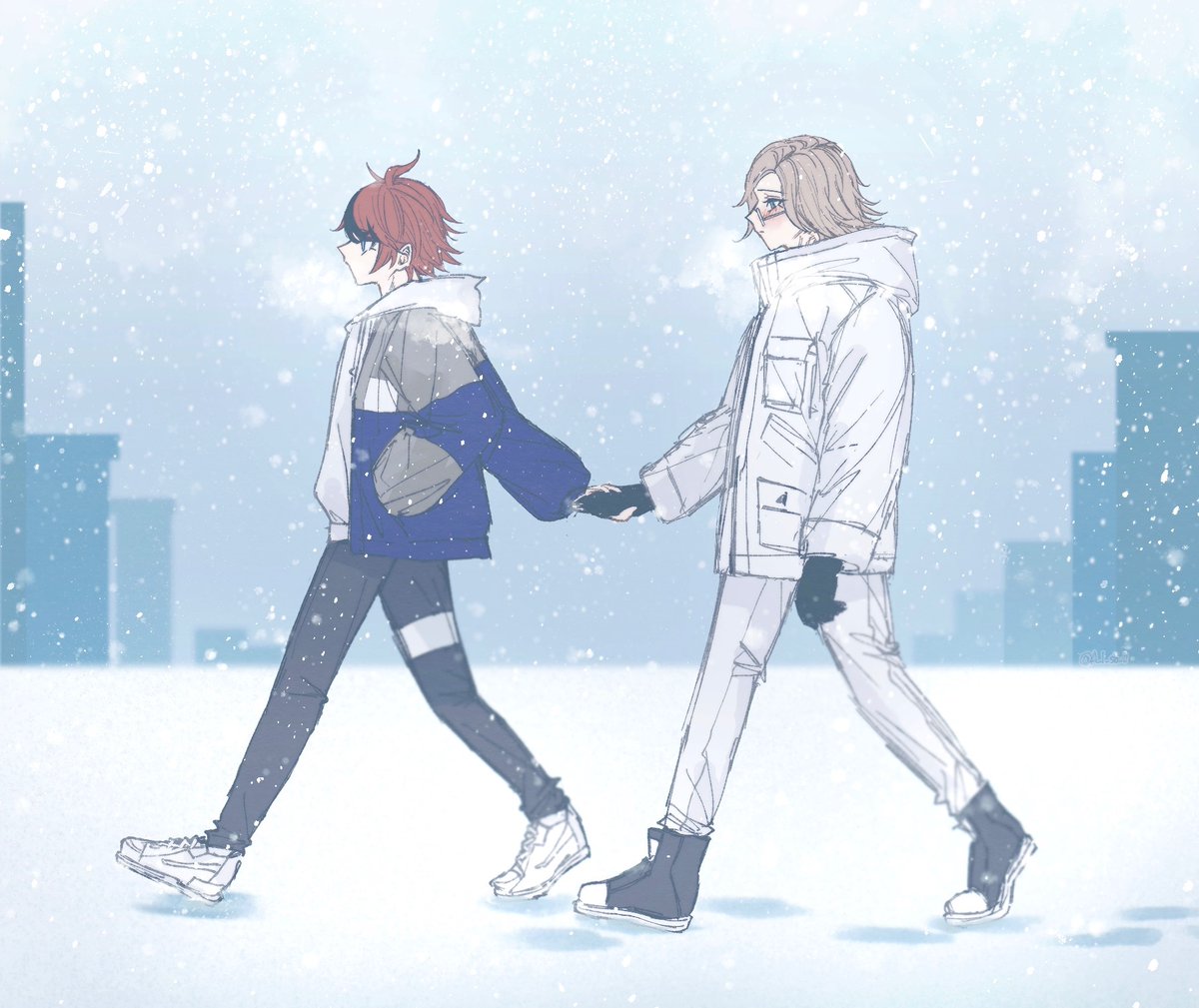 2boys, a_1_sb_11, ahoge, aotsuki_eito, black_gloves, black_hair, black_pants, black_shoes