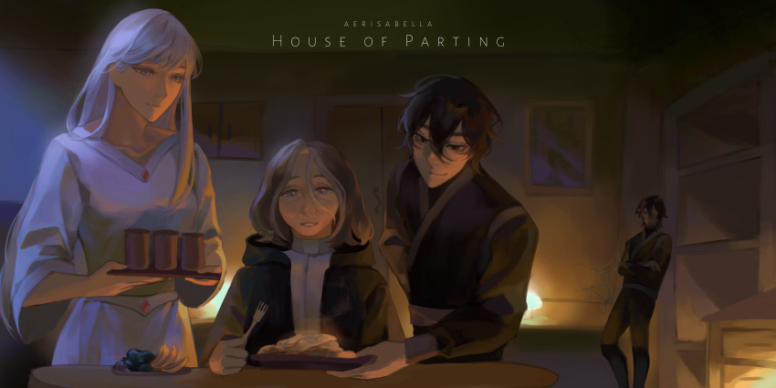 2boys, 2girls, absurdres, aerisabella, anake, black_eyes, black_hair, black_robe