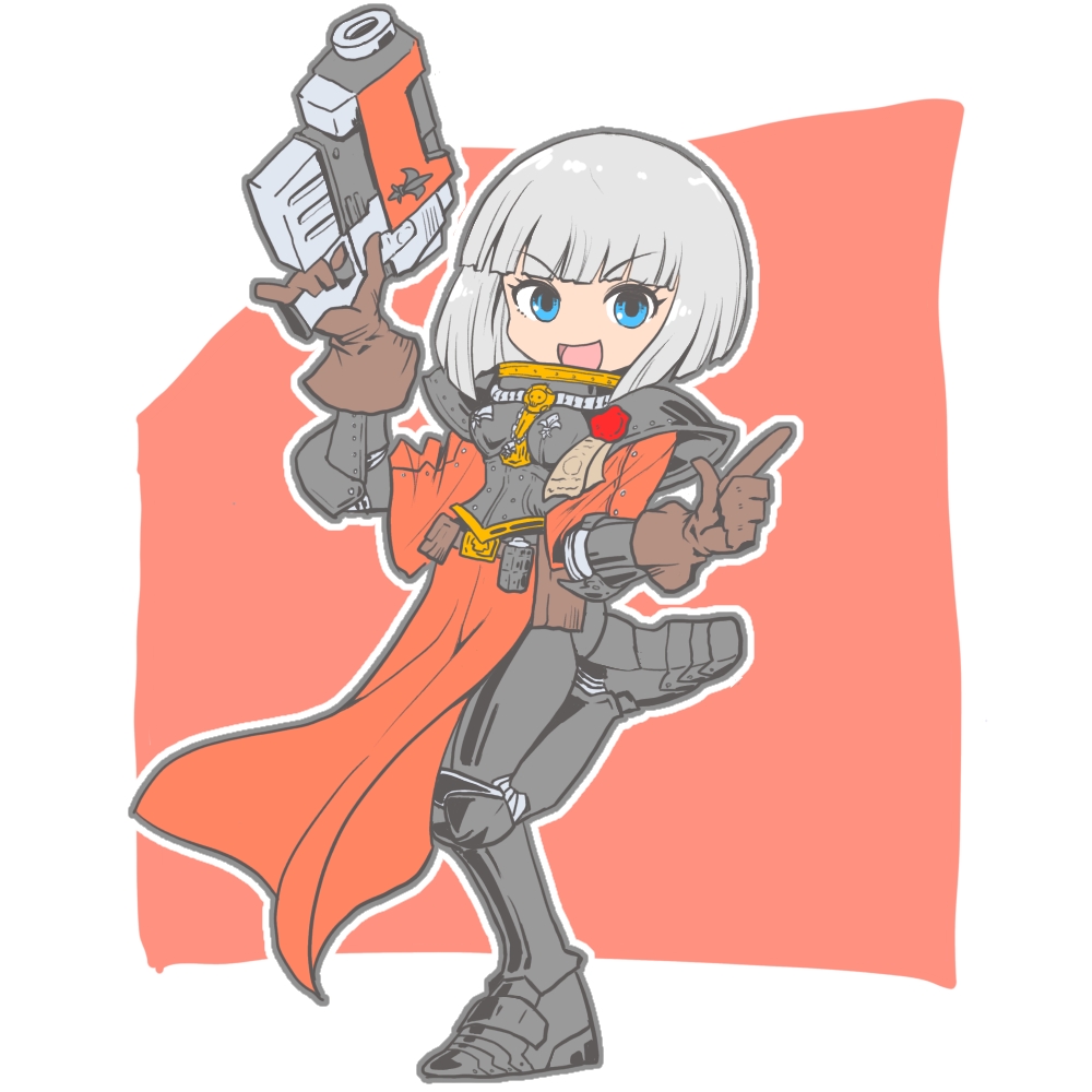 1girl, adepta_sororitas, armor, blue_eyes, bolter, breasts, brown_gloves, explosive