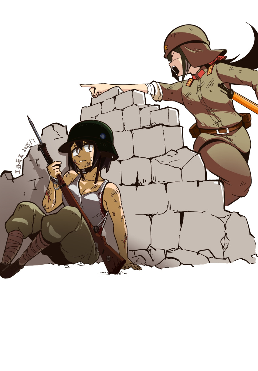 2girls, arisaka, battle, bayonet, bob_cut, bolt_action, brown_eyes, brown_hair