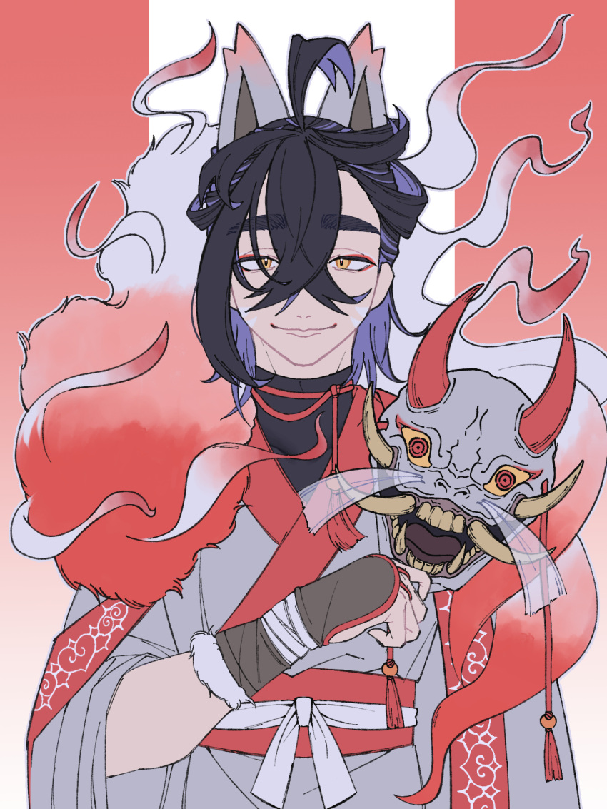 1boy, black_hair, colored_inner_hair, commentary, cosplay, crossed_bangs, eyeshadow, facial_mark