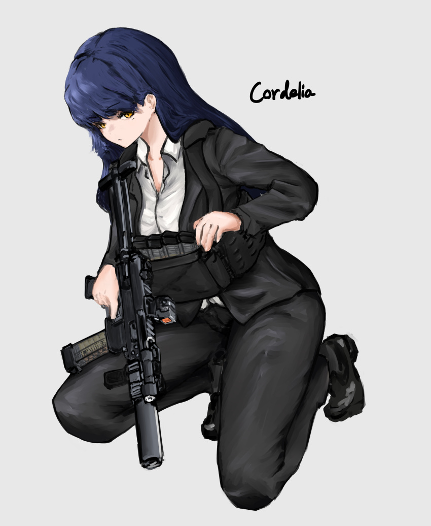 1girl, absurdres, b&amp;t_apc, bdp_lee, black_jacket, black_pants, black_suit, blue_hair