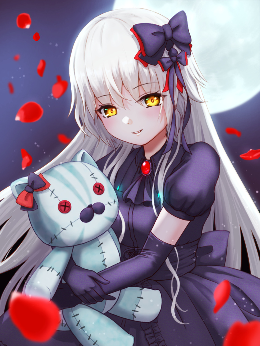 1girl, alternate_costume, ascot, black_bow, black_dress, black_gloves, blush, bow