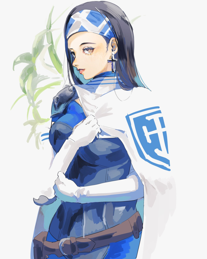 1girl, 4me3ba_niku, armor, belt, beth_(megami_tensei), black_hair, black_headband, blue_shirt, cape, cross, cross_earrings, earrings, flower, gloves, hand_on_own_chest, headband, highres, jewelry, long_hair, looking_at_viewer, red_lips, shin_megami_tensei, shin_megami_tensei_ii, shirt, shoulder_armor, solo, white_background, white_cape, white_gloves, yellow_eyes
