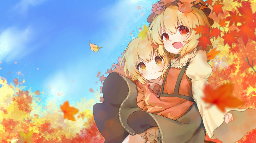1girl, :d, aki_minoriko, apron, autumn_leaves, black_skirt, blonde_hair, bloomers