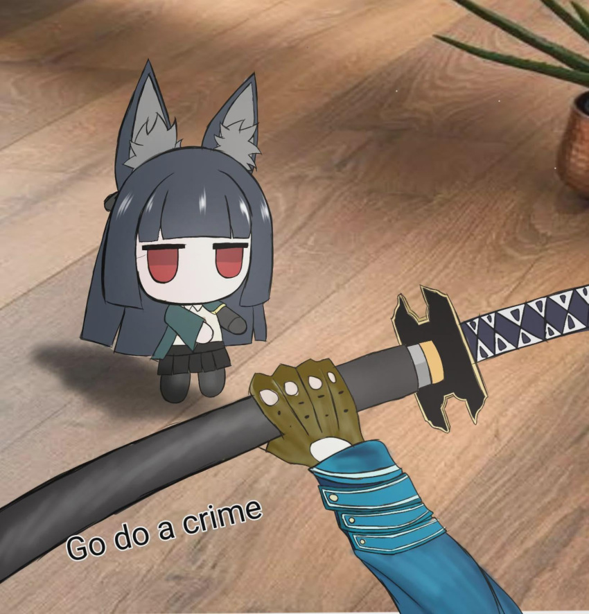 1boy, 1girl, animal_ear_fluff, animal_ears, bad_id, bad_reddit_id, black_hair, blunt_bangs, chibi, devil_may_cry_(series), fingerless_gloves, fox_ears, fox_girl, gloves, go_do_a_crime_(meme), highres, holding, holding_sword, holding_weapon, hoshimi_miyabi, jacket, jitome, kogeta_ssj4, long_hair, meme, no_mouth, red_eyes, shirt, sidelocks, skirt, sword, vergil_(devil_may_cry), weapon, white_shirt, zenless_zone_zero