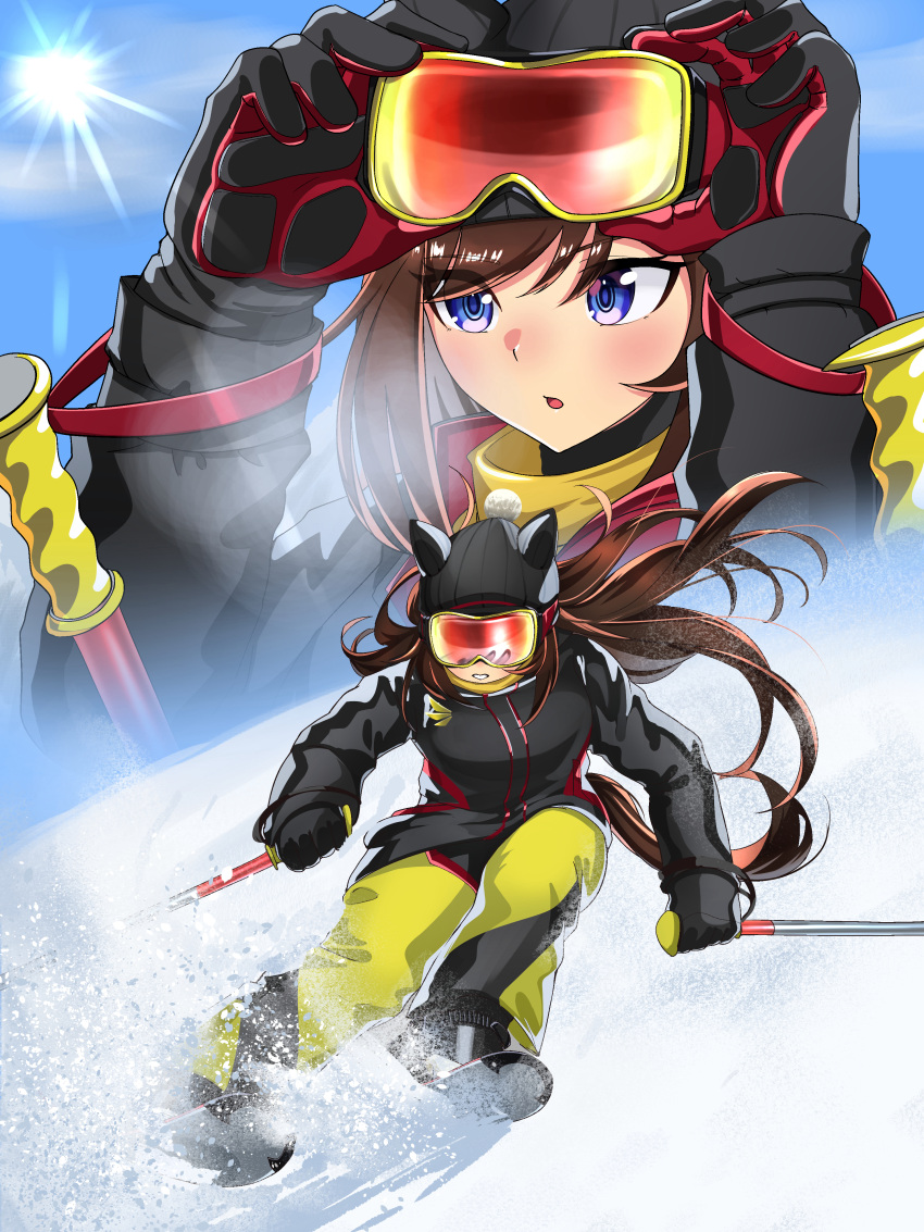1girl, absurdres, animal_ears, beanie, black_coat, black_gloves, black_hat, blue_eyes