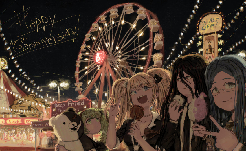 1boy, 3girls, absurdres, akamatsu_kaede, amusement_park, anniversary, bear_hair_ornament, black_hair
