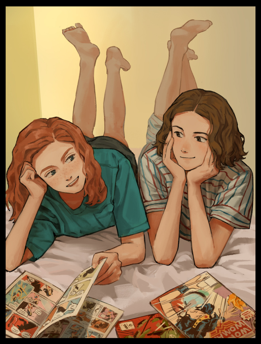 2girls, barefoot, brown_hair, c-fish, commentary_request, eleven_(stranger_things), green_eyes, highres