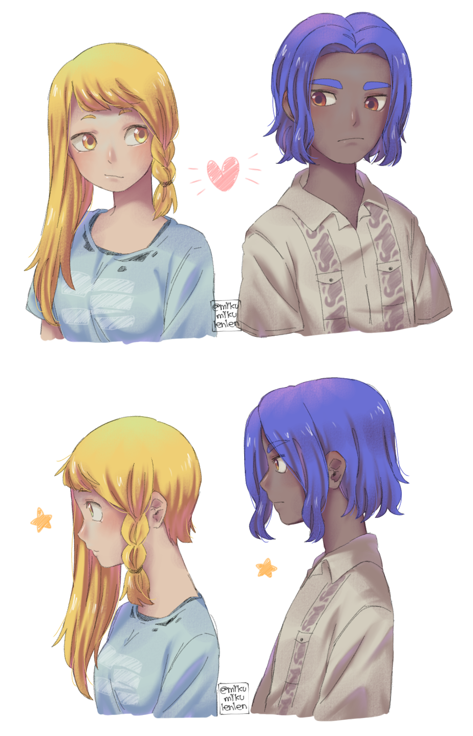 1boy, 1girl, :/, ariamikukanzaki, asymmetrical_hair, blonde_hair, blue_hair, blue_shirt, braid, breasts, brown_shirt, commentary, dark-skinned_male, dark_skin, eyebrow_cut, frown, heart, highres, hirooooo_(splatoon), humanization, orange_eyes, shirt, side_braid, signature, small_breasts, splatoon_(series), splatoon_3, star_(symbol), veronika_(splatoon), yellow_eyes